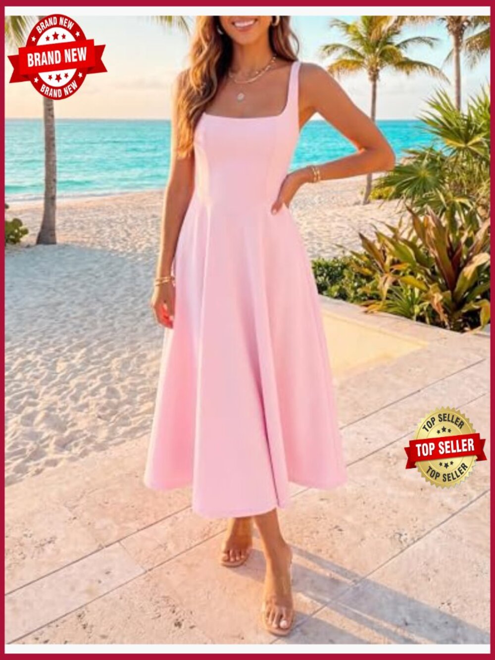 Sleeveless Square Neck Midi Dress with Pockets - Picture 6 of 7